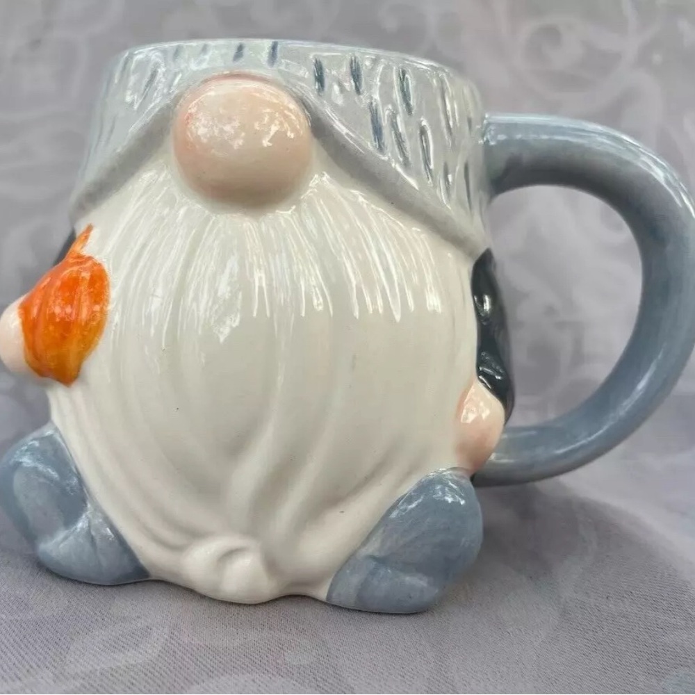FALL GNOME ~ CERAMIC MUG ~ GRAY with PUMPKIN ~ 12 Oz.